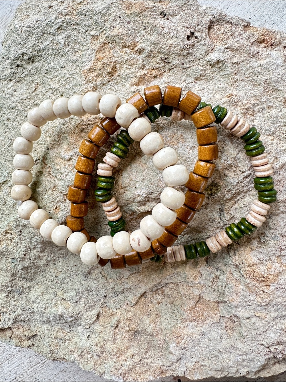 Boho Triple Bead Stretch Bracelet Set - Cream, Brown & Green